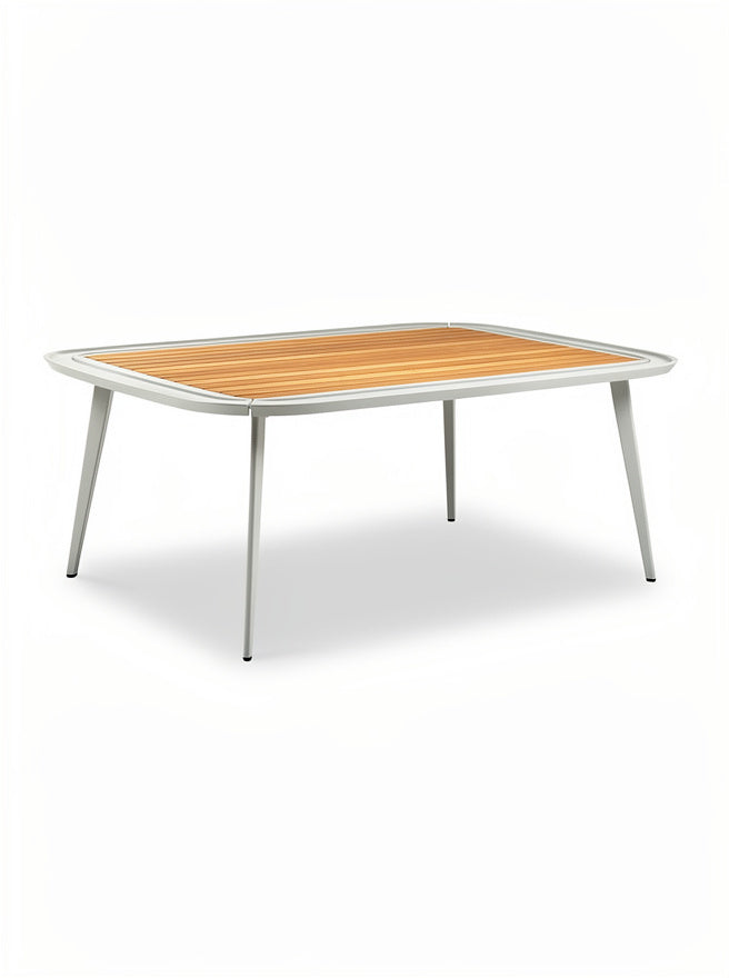 **Technische titel in het Nederlands: Moderne rechthoekige tuintafel met houten blad en metalen onderstel**